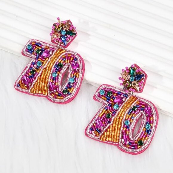 Women’s 70th Birthday Large Beaded Dangle Statement Earrings (NEW & SO CUTE!) - Picture 4 of 7